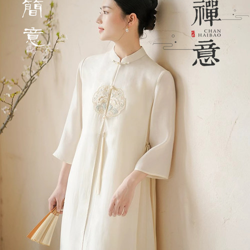 新中式禅意佛系高端女装茶服中国风汉服改良版连衣裙古筝琴演出服 - 图0