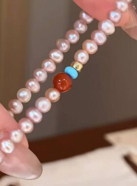 法式粉紫色淡水仿珍珠串珠手链复古宫廷风气质仿南红玛瑙手饰手册
