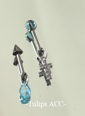 F136钛合金彩色透明圆球十字架恶魔钉高位尖锥耳钉耳骨钉甜酷耳饰