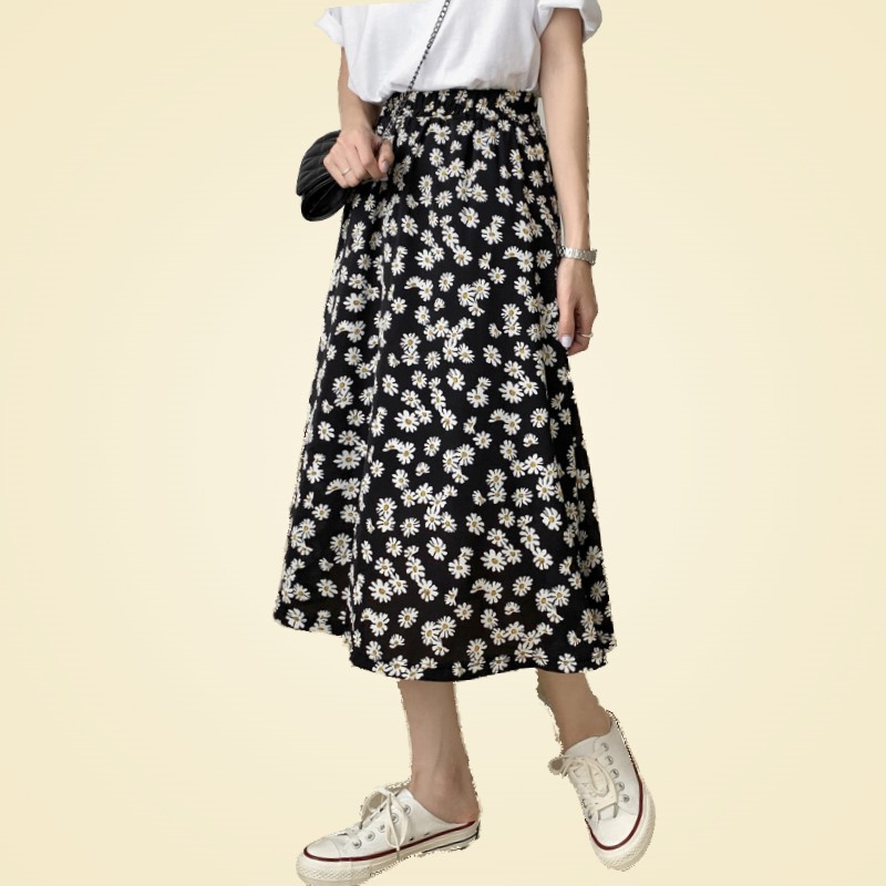 a字紫色碎花半身裙女2020年夏季新款中长款雪纺高腰显瘦复古A裙子