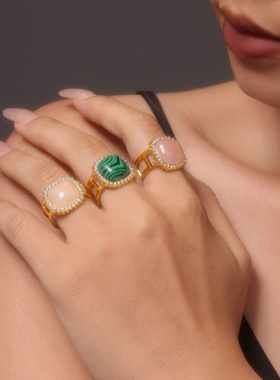 谜丽3A锆石镶嵌天然石开口戒指轻