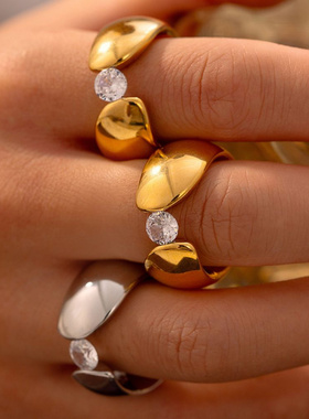 跨境欧美风新款宽边夹锆石光面戒