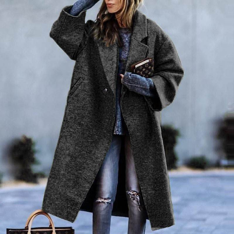 Long sleeved lapel jacket printed woolen long coat-图1