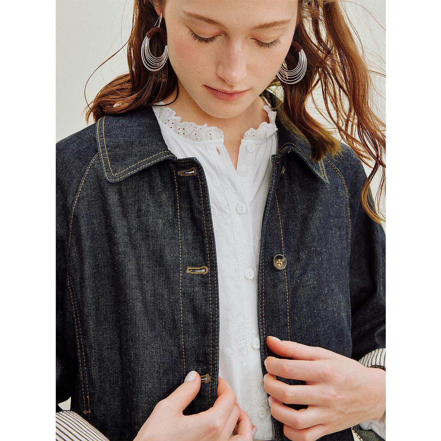 100棉拼接条纹原色短牛仔外套2025秋女装热销百搭复古宽松上衣