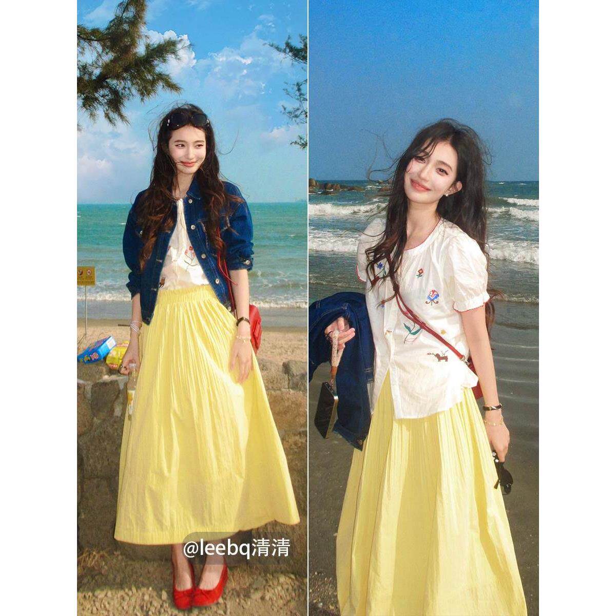 黄玫瑰|撤柜压褶木耳边鹅黄色半身裙女2026年早春中长款高腰伞裙