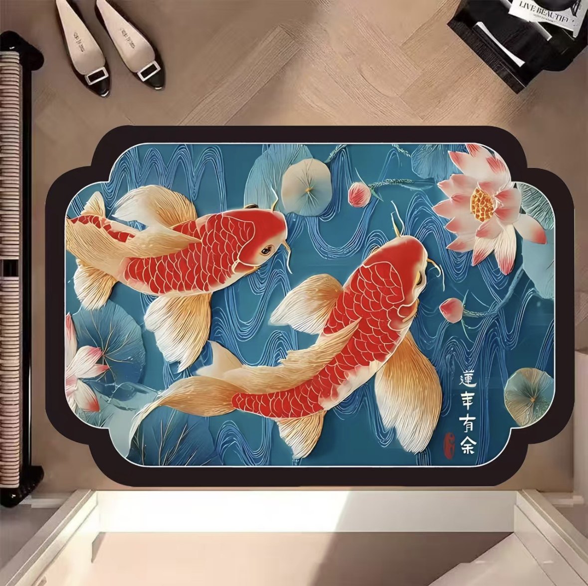 毛线风复古中式锦鲤荷花吸水地垫床边家用硅藻厨房入户卧室地毯 - 图3