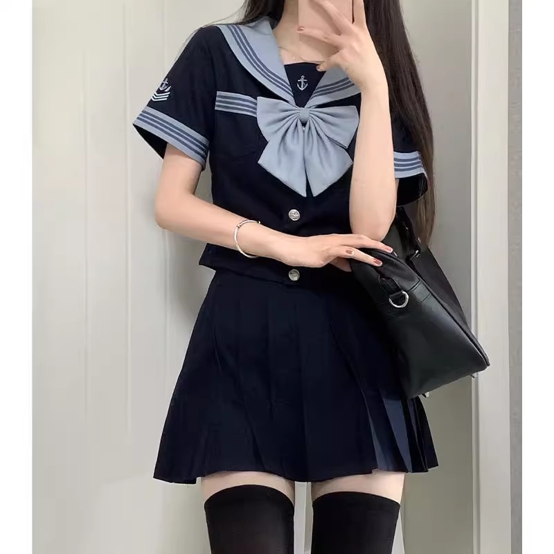 原创jk制服套装正版日系中间服绀色校供收腰水手服百褶短裙校服女 - 图2