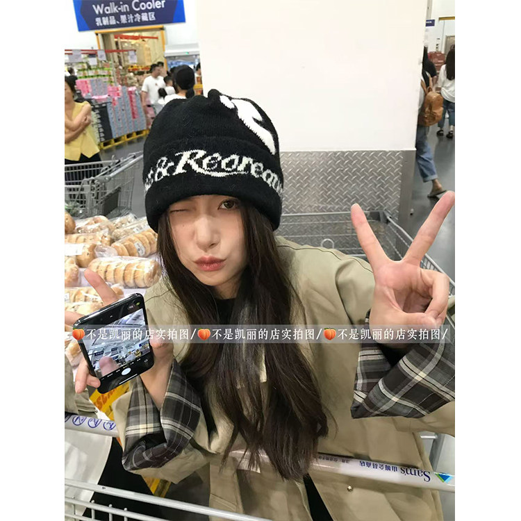 韩版字母刺绣毛线帽子女秋冬小众潮牌针织堆堆帽显脸小大头围冷帽,淘宝优惠券,粉丝福利购,淘宝优惠卷