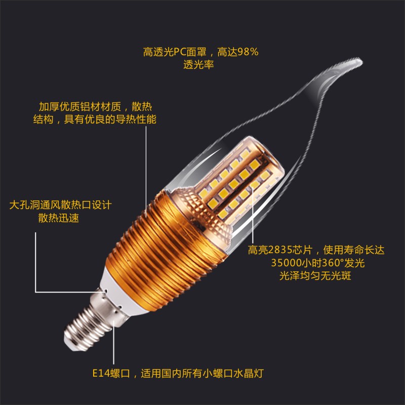 led蜡烛灯泡e14大小螺口尖泡拉尾家用客厅水晶吊灯光源节能灯球泡