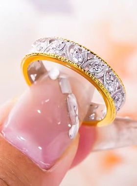 莫桑石满钻金边镂空蕾丝戒指