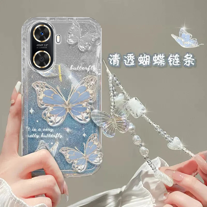 华为Hi畅享60手机壳智选畅享60s透明5G软套畅享60pro全包60x防摔畅想可爱潮奢华高档蝴蝶手链闪粉