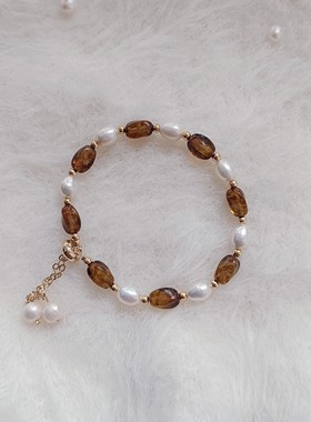 原创自制透毕卡索棕捷克珠白色天然淡水珍珠手链可调节手串女复古