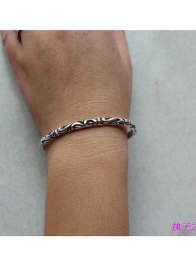 克罗潮欧美潮牌925纯银男女宫廷花纹手镯实心手环网红韦雪GD手链