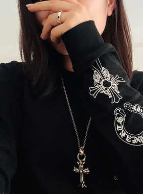 朋克潮牌925纯银CH细十字架羅伈戒指圆形指环男女款尾戒情侣戒子