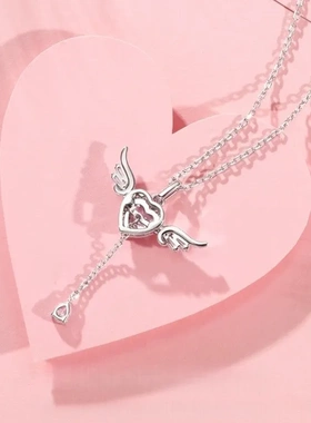 新款丘比特之心项链女轻奢小众设计翅膀会动锆石流苏爱心锁骨链