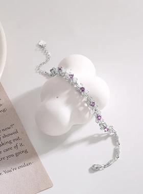 彩宝系列紫晶石s925纯银手链女小众精致手饰高级天然石纯银饰品