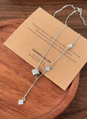 新款满钻四叶花小蛮腰项链女时尚轻奢风典雅气质感毛衣链代