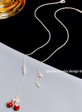 卡娜米娜 精致镶钻甜美红色樱桃项链女 感时尚气质百搭锁骨链