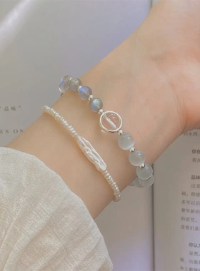 秋冬新款手链猫眼石天然灰月光石串珠手链女送女友闺蜜ins风饰品