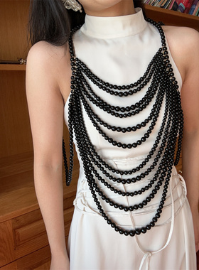 黑色婚纱礼服波浪弯 手工串珠服饰配链项链身体链仙女个性潮