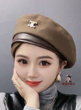 华夫格贝雷帽秋冬英伦复古帽子时尚洋气显脸画家舒适个性