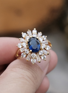 JBK复古蓝色星芒水晶耳钉戒指