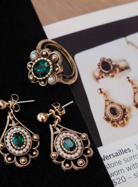 Vintage中古饰品Avon雅芳80年代绿色水晶复古耳钉宫廷优雅项链