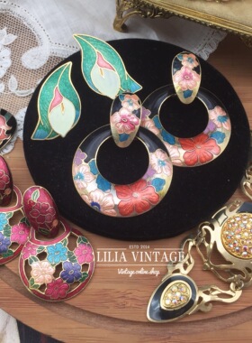 Liliavintage古董首饰80年代复古珐琅耳夹景泰蓝彩釉花卉耳环钉D2