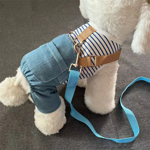 牛仔背带四脚裤可挂牵引绳宠物春夏季泰迪比熊小型犬狗狗四脚衣服 - 图0