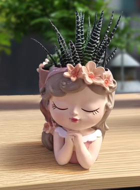 女孩人物头像花盆仙人球盆迷你绿
