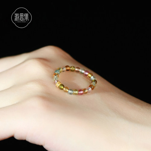 游思集新款碧玺纯金彩虹色戒指女时尚个性轻奢小众高级感复古戒指 - 图0