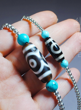 天珠原矿绿松石纯银锁骨链恩珠