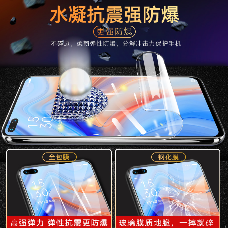 opporeno4钢化膜reno4pro水凝膜全包por全屏覆盖oppo曲面屏5g版手机全膜全胶原装摄像头镜头0pp0防摔蓝光贴膜 - 图2