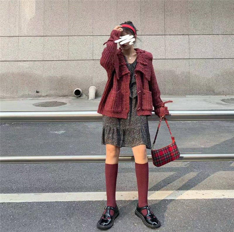 车厘子果酱酒红复古海军领宽松毛衣 evolu毛衣