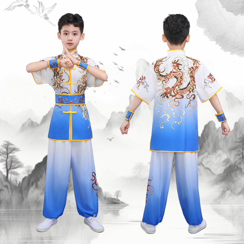 新款儿童武术表演服装短袖套装武术比赛服装武术操舞旗演出服彩服 - 图0