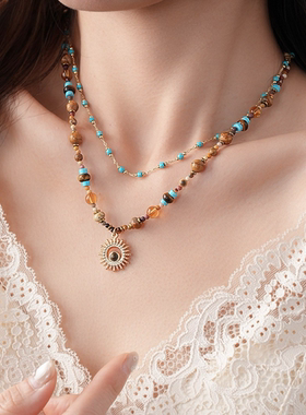 14K真金电镀松石串珠太阳花吊坠项链小众复古民族风锁骨链高级女