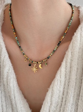 复古彩色天然石项链串珠小众太阳花秋冬美拉德项链轻奢颈饰女