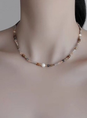 太阳花双层叠戴天然石串珠项链女大地色系复古小众高级感气质配饰