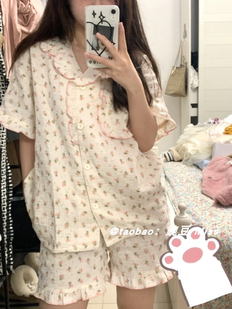 ins小碎花短袖甜美睡衣女夏天网红少女短裤套装可外穿休闲家居服 - 图1