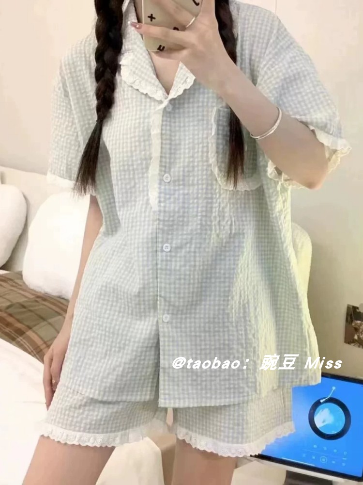 韩国ins简约格子短袖短裤睡衣女夏季新款甜美少女网红家居服套装