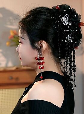 韩式复古花朵蝴蝶流苏抓夹冬季新品显发量鲨鱼夹时尚百搭头饰发夹