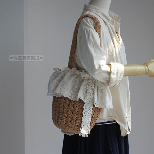 偶然包铺 日系森女田园风荷叶花边钩花棉线编织水桶手提单肩包包 - 图2