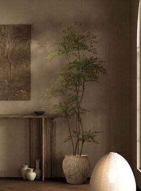 仿真绿植轻奢高端南天竹假树盆栽室内家居商铺假植物侘寂落地摆件