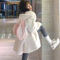 waitmore lamb velvet sweatshirt woman autumn winter Korean version loose with lazy wind plus suede thickened rabbit ears cute coat