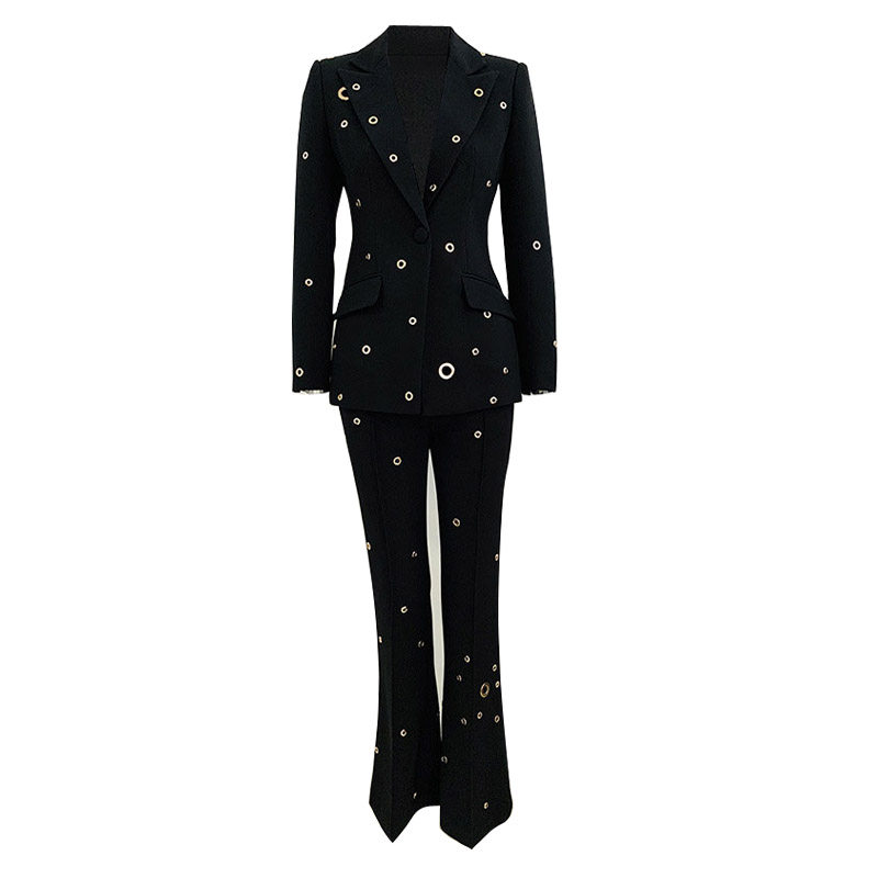 现货2026欧美走秀重工金属孔一粒扣西装外套微喇叭长裤两件套装女,淘宝优惠券,粉丝福利购,淘宝优惠卷