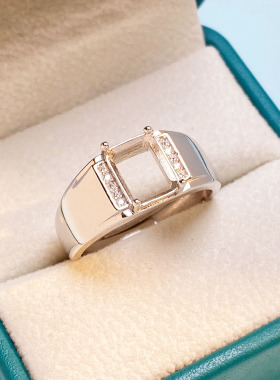 S925银长方形大气简约男戒空托