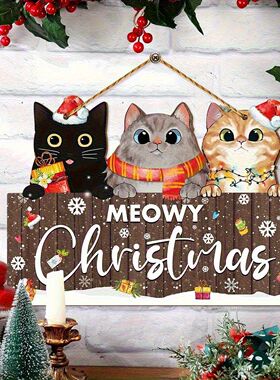 1Pcs Christmas Wooden Cute Cat Pendant Christmas Party Door