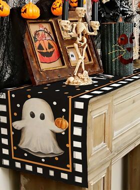 Halloween Table Runner Cute Ghost Pumpkin Black Cat Bat Dot