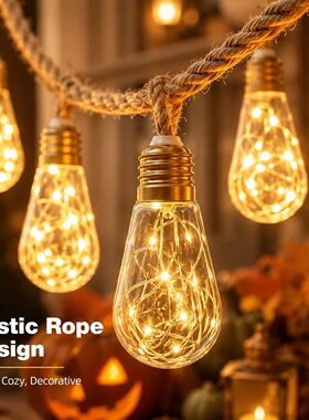 Solar String Lights Hemp Rope Edison Bulb Fairy Lights 4M/6M
