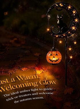 Solar Halloween Black Cat & Pumpkin Moon Garden Stake Light,